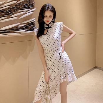 Rochie asimetrică de damă modernă în alb cu puncte