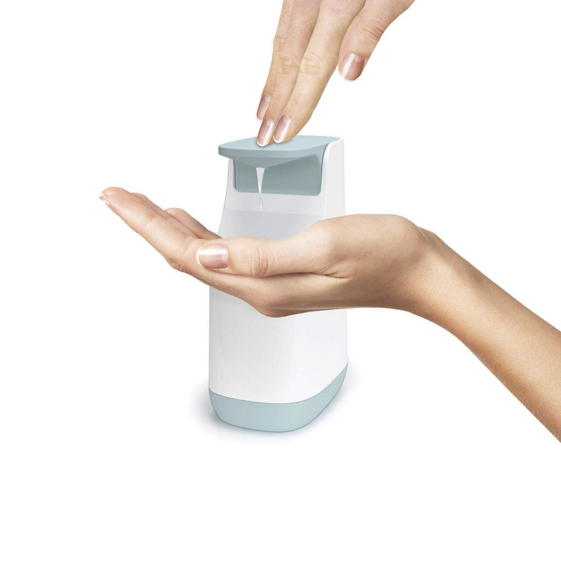 Компактен дозатор за сапун подходящ за баня и кухня в бял цвят със синьо
