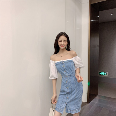 Modern női farmer ruha ejtett ujjakkal