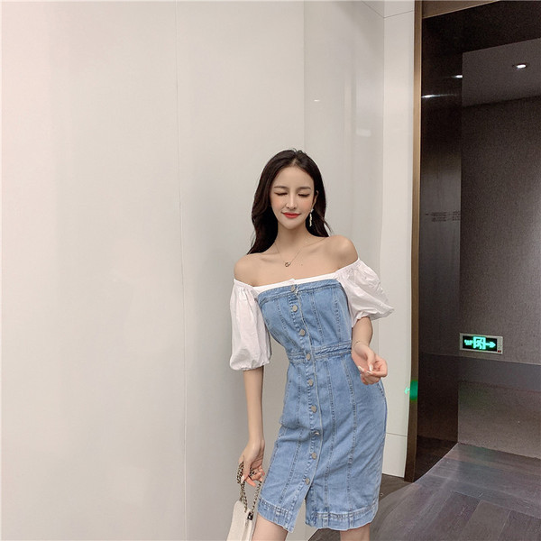 Modern női farmer ruha ejtett ujjakkal