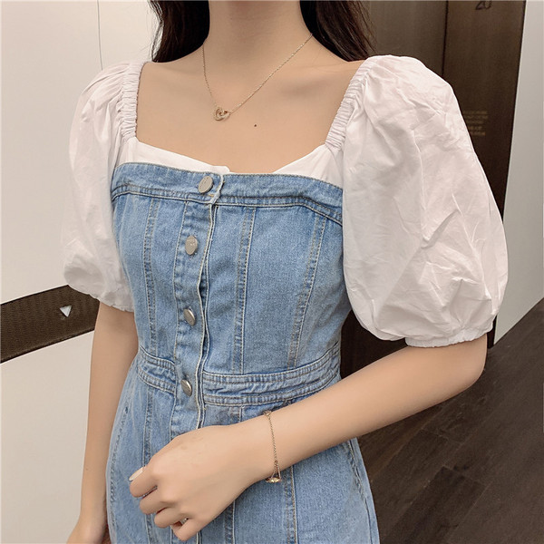 Modern női farmer ruha ejtett ujjakkal