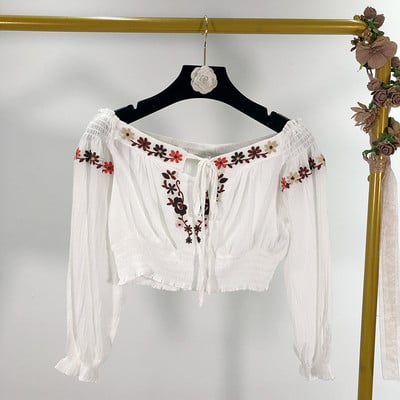 Bluza scurta de dama alb cu broderie