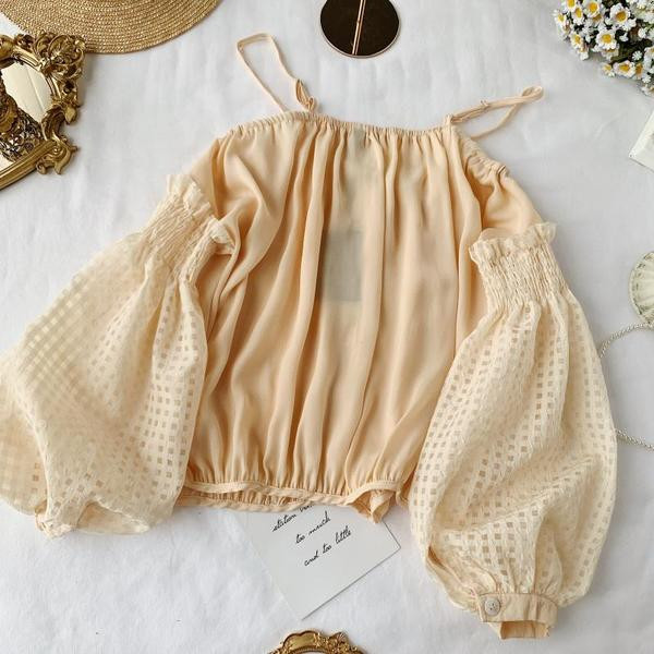 Cămașă elegantă de damă cu bretele și mâneci largi în bej