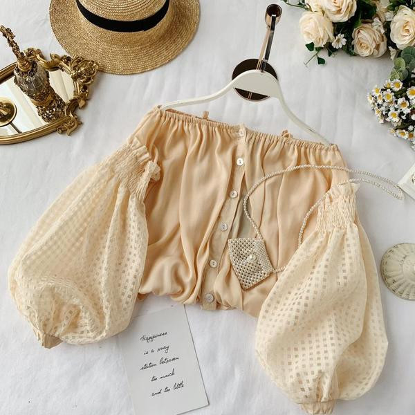 Cămașă elegantă de damă cu bretele și mâneci largi în bej