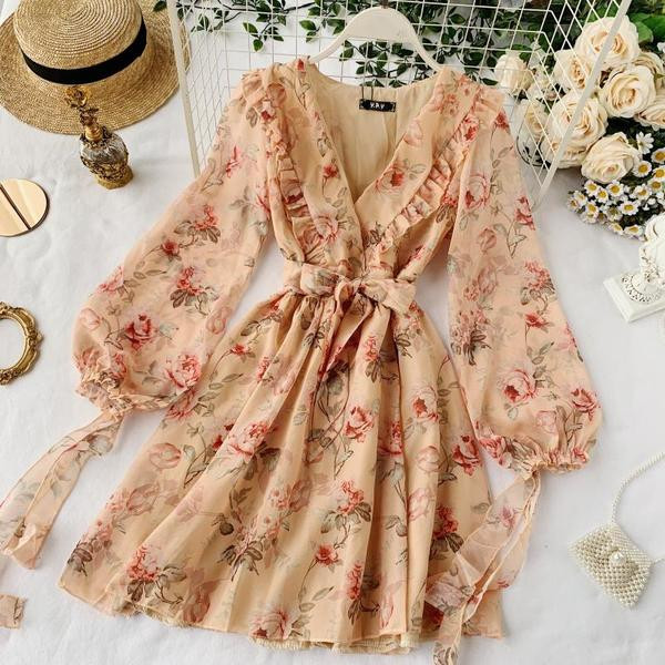Rochie moderna de dama cu model floral de culoare bej