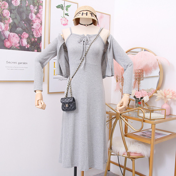 Modern női ruha + mellény vékony pántokkal szürke és fekete színben