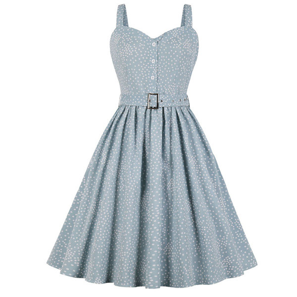 Rochie casual de dama cu bretele subtiri si curea in albastru