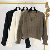 Női pulóver V-nyakú és hosszú ujjú három színben