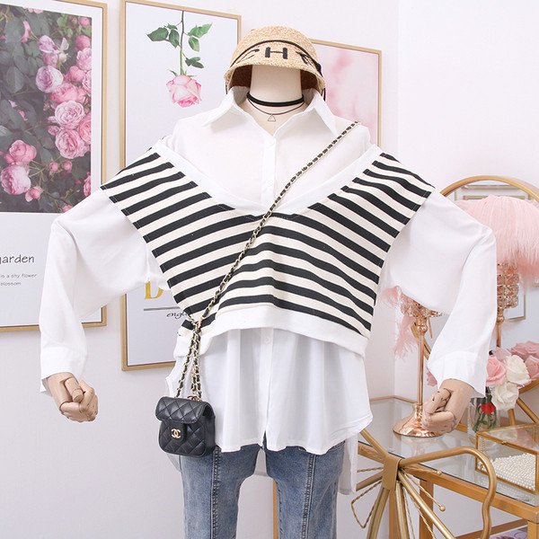 Cămașă de damă modernă + vestă cu dungi în mai multe culori