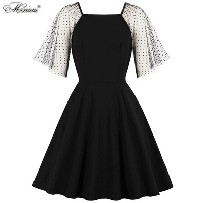 Стилна дамска рокля с 3/4 ръкав и квадратно деколте в черен цвят 