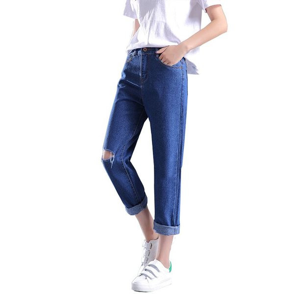 Blugi moderni de dama cu talie inalta in albastru