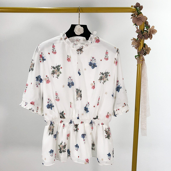 Női ing gumis derékkal, fehér színben, virágmintával