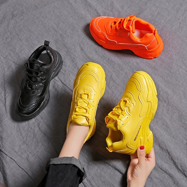 Adidasi de dama din piele ecologica in negru, galben si portocaliu