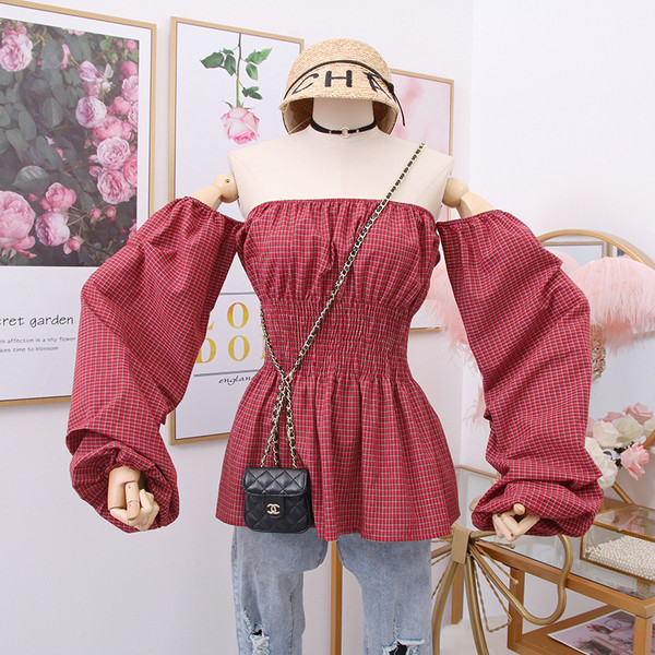 Cămașă modernă de damă în carouri cu umerii goi în mai multe culori