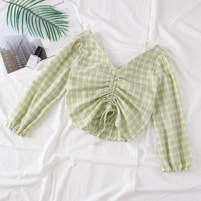 Modern kockás női blúz V-nyakkal, több színben