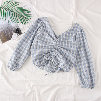 Modern kockás női blúz V-nyakkal, több színben