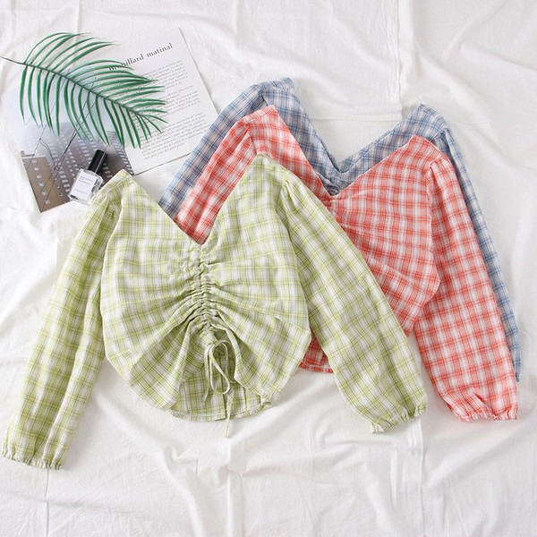 Modern kockás női blúz V-nyakkal, több színben