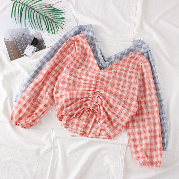 Modern kockás női blúz V-nyakkal, több színben