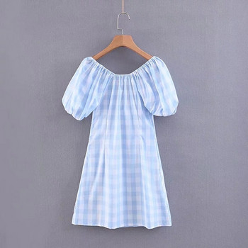Kockás női ruha rövid ujjú kék színben