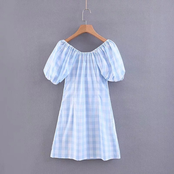 Kockás női ruha rövid ujjú kék színben