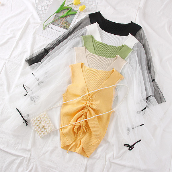 Bluză de damă modernă cu mâneci din tul în mai multe culori