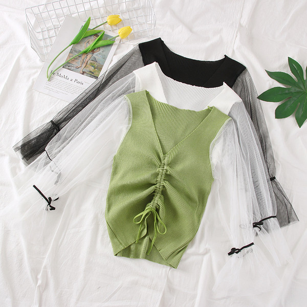 Bluză de damă modernă cu mâneci din tul în mai multe culori