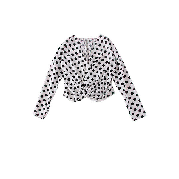 Bluză de damă modernă cu decolteu în V cu puncte albe și negre