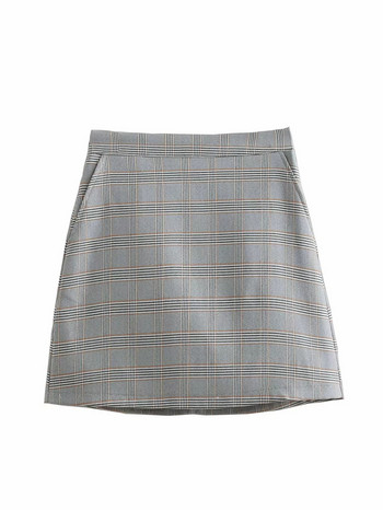 Fusta dama in carouri cu talie inalta de culoare gri