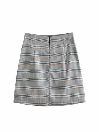 Fusta dama in carouri cu talie inalta de culoare gri