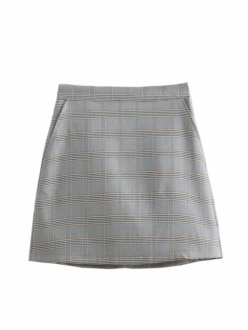Fusta dama in carouri cu talie inalta de culoare gri