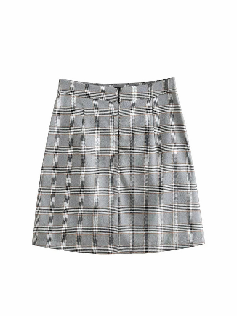 Fusta dama in carouri cu talie inalta de culoare gri