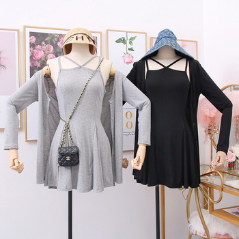 Rochie de dama croita + vesta in gri, verde si negru