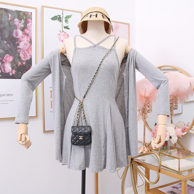 Rochie de dama croita + vesta in gri, verde si negru