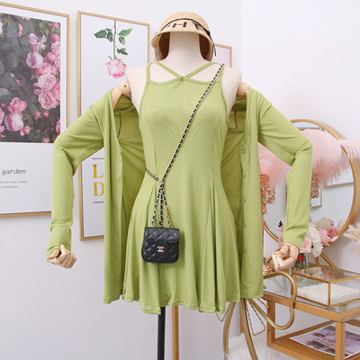 Rochie de dama croita + vesta in gri, verde si negru