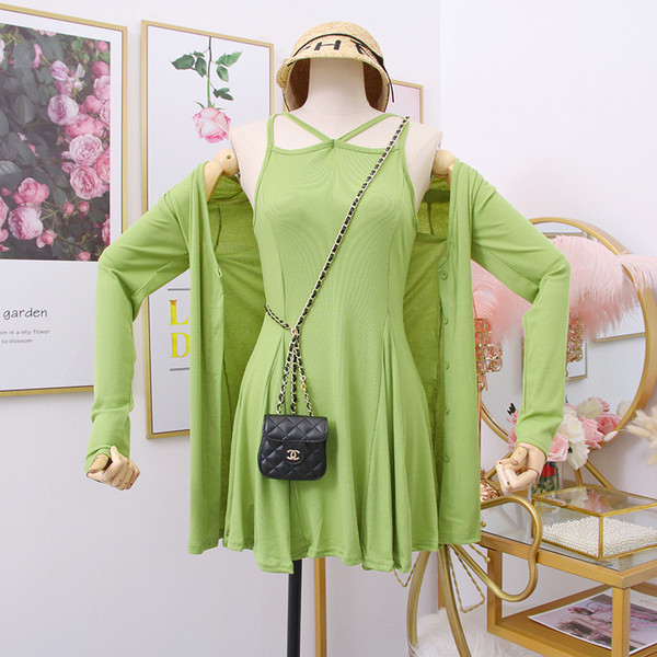 Rochie de dama croita + vesta in gri, verde si negru