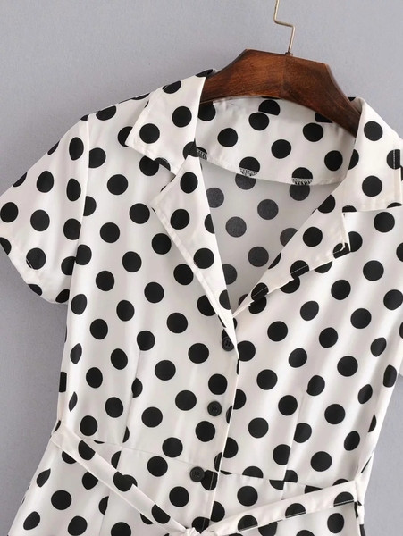 Rochie de dama cu buline alb cu maneci scurte