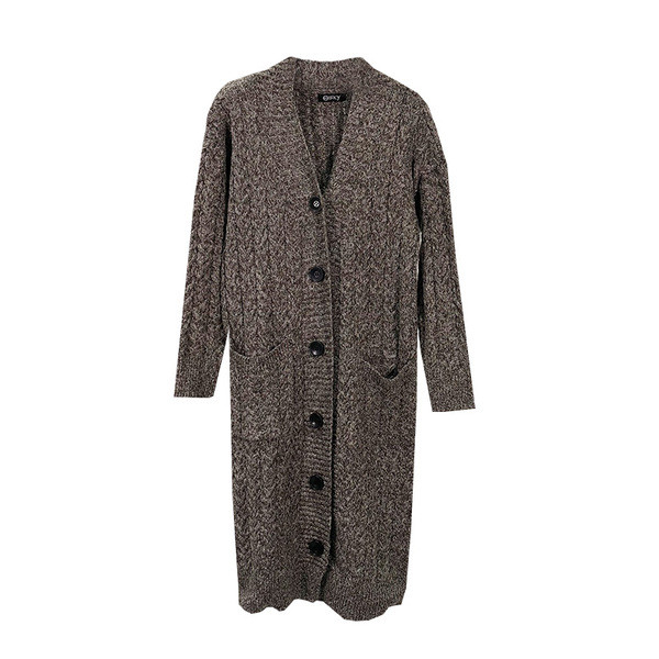 Cardigan lung cu nasturi, buzunare și decolteu adânc