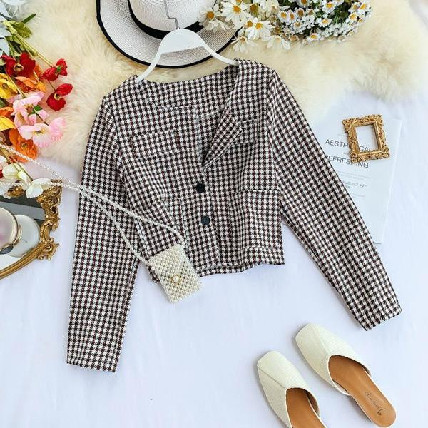 Geaca dama in carouri cu decolteu O in mai multe culori