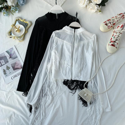 Cămașă elegantă de damă cu franjuri și fermoar în alb și negru