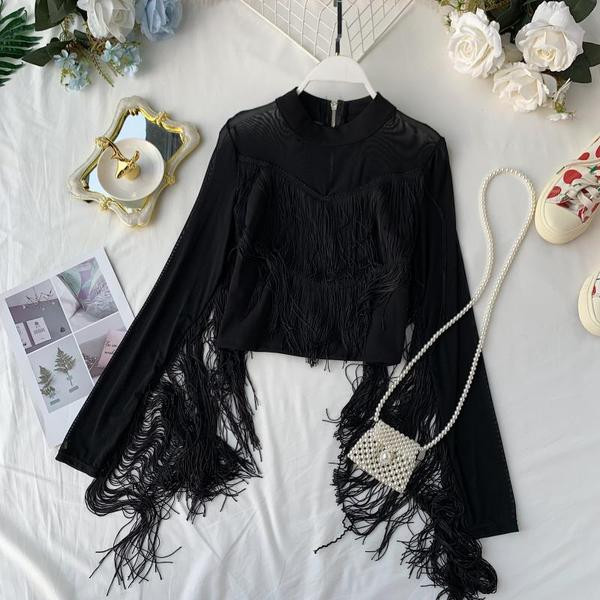 Cămașă elegantă de damă cu franjuri și fermoar în alb și negru