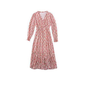 Modern női ruha virágos motívumokkal és V-nyakkal