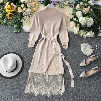 Hosszú női ruha csipkével és övvel több színben