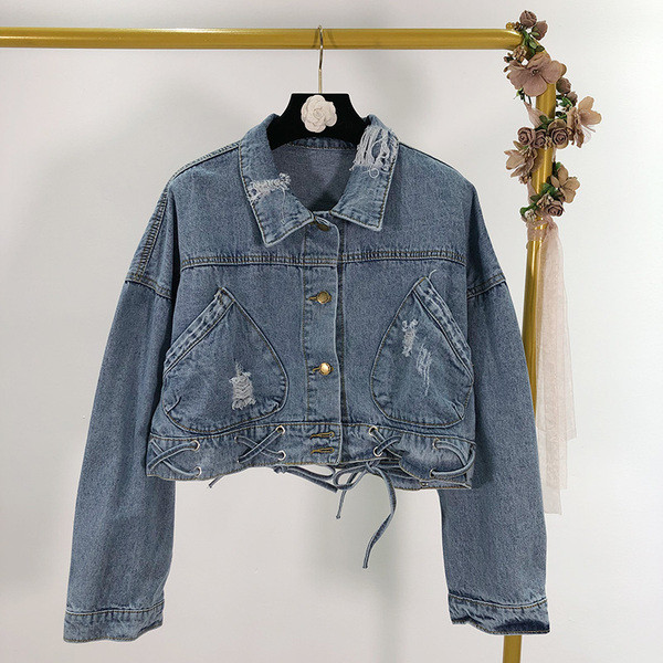 Jachetă scurtă de denim de damă cu motiv rupt și cravate