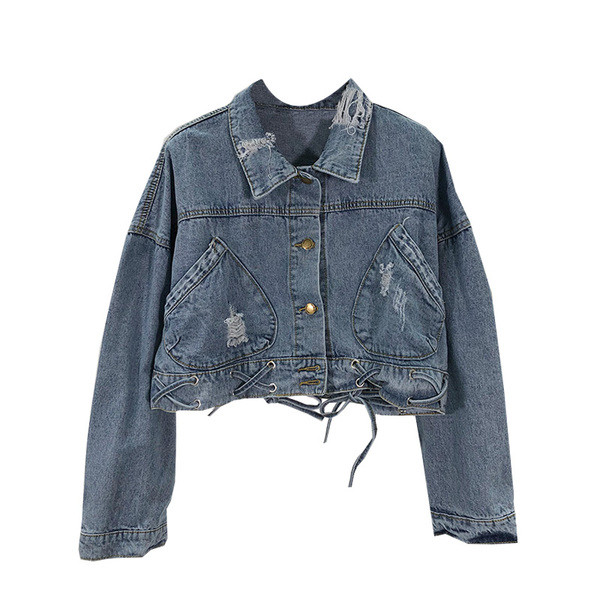 Jachetă scurtă de denim de damă cu motiv rupt și cravate