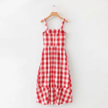 Rochie dama in carouri cu bretele - model decupat