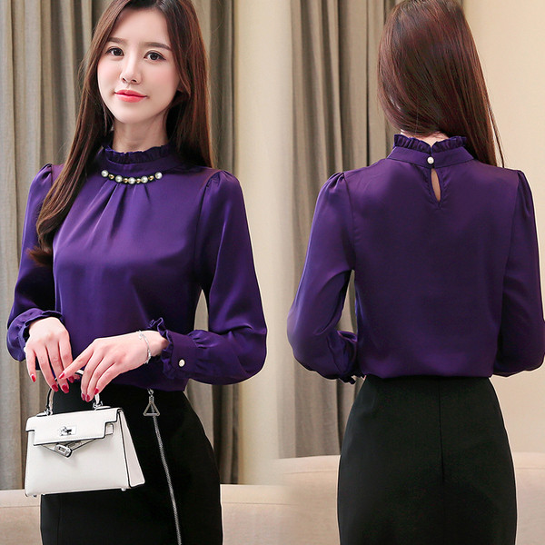 Bluză de damă modernă cu perle - în mov și verde