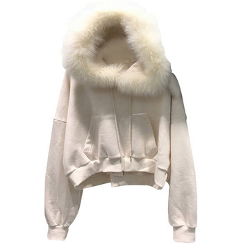Γυναικείο χειμερινό φούτερ σε δύο χρώματα με έκο γούνα και κουκούλα