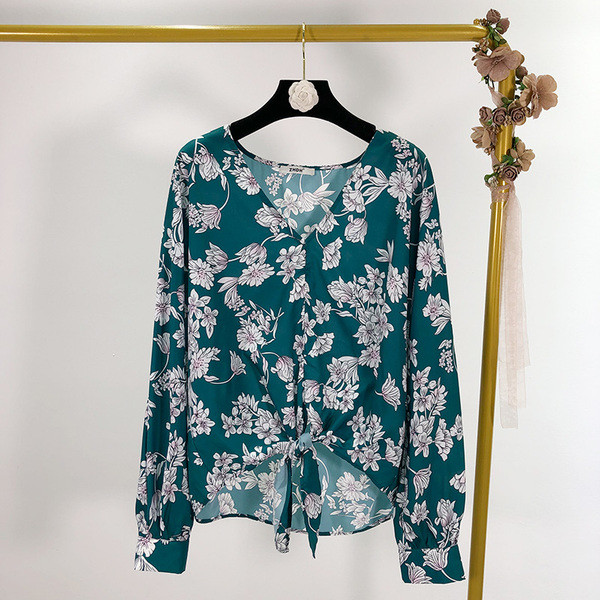 Női széles, zöld derékkötős blúz