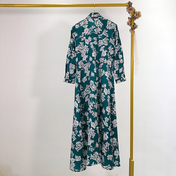 Hosszú női ruha 7/8 ujjú zöld színben, mintával