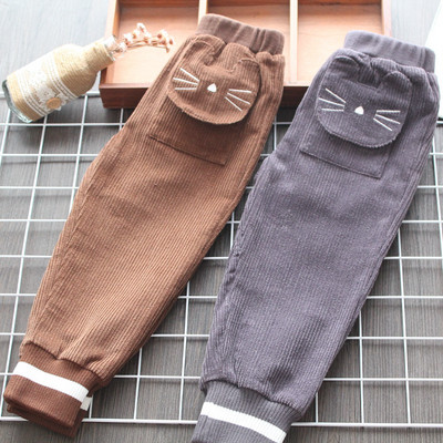 Нов модел детски панталон за момичета с джобове в сив и кафяв цвят